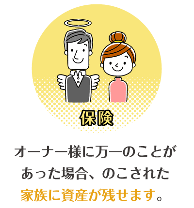 保険 オーナー様に万一のことがあった場合、のこされた家族に資産が遺せます。